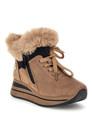 Beigefarbene hohe Sneaker mit Fellbesatz und Keilabsatz von Laura Biagiotti, Modell 9255M