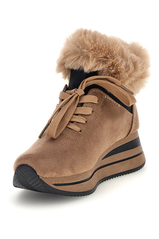 Beigefarbene hohe Sneaker mit Fellbesatz und Keilabsatz von Laura Biagiotti, Modell 9255M