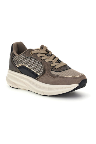 Taupefarbene Sneaker aus Mesh mit schwarzen Einsätzen und goldenen Details – Pittarello Capsule 8W24679