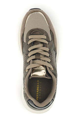 Taupefarbene Sneaker aus Mesh mit schwarzen Einsätzen und goldenen Details – Pittarello Capsule 8W24679
