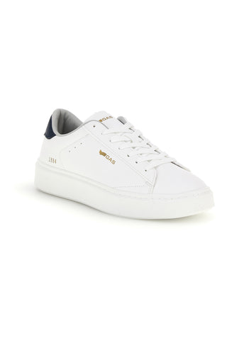 Weiße Sneaker mit blauer Ferse und goldenem Gas Leonard-Logo GAM624507