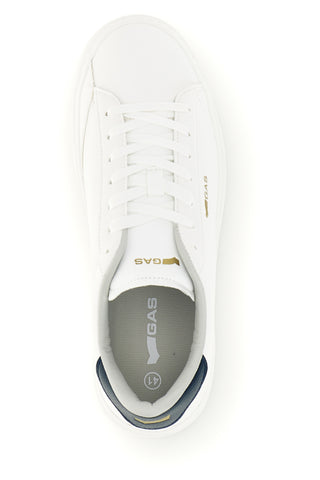 Weiße Sneaker mit blauer Ferse und goldenem Gas Leonard-Logo GAM624507
