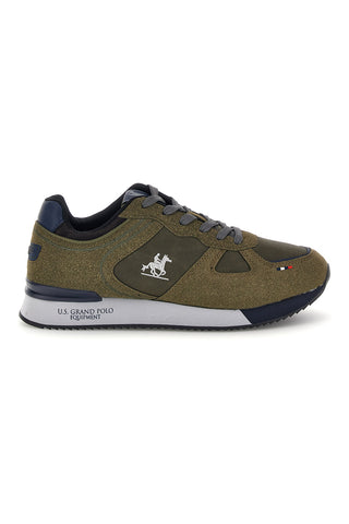 Militärgrüne Sneaker mit seitlichem Logo und blauen Einsätzen – Us Grand Polo GPM12175M7543