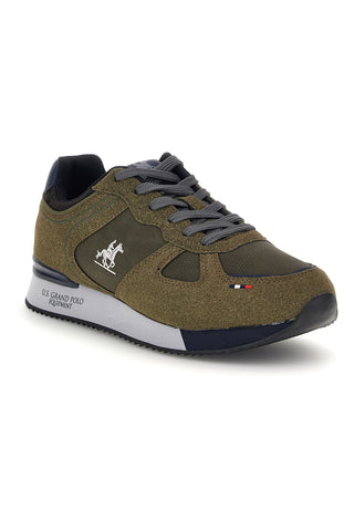 Militärgrüne Sneaker mit seitlichem Logo und blauen Einsätzen – Us Grand Polo GPM12175M7543