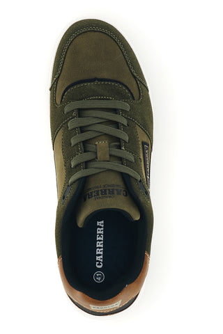 Sneaker in Militärgrün mit lederfarbenen Einsätzen und Carrera-Logo an der Seite CAM23210M7575