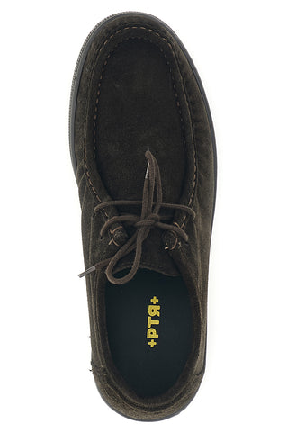 Braune, flache Schnürschuhe aus Leder mit Mokassin-Naht 2 Ptr 550