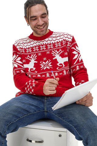Maglione Rosso Girocollo con Fantasia Natalizia Bianca BAORDMAN X24102