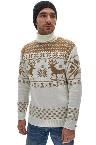 Maglione Bianco a Collo Alto Girocollo con Fantasia Natalizia Dorata BAORDMAN X24105