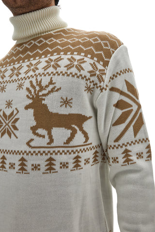 Maglione Bianco a Collo Alto Girocollo con Fantasia Natalizia Dorata BAORDMAN X24105