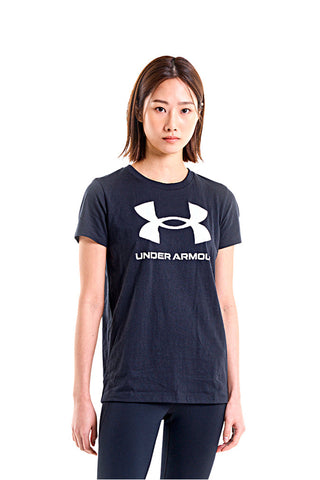 UNDER ARMOUR RIVAL LOGO SS Schwarzes T-Shirt mit Rundhalsausschnitt und weißem Logo auf der Brust