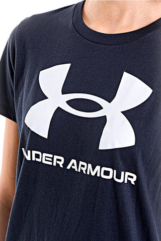 UNDER ARMOUR RIVAL LOGO SS Schwarzes T-Shirt mit Rundhalsausschnitt und weißem Logo auf der Brust