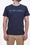 Blaues T-Shirt mit Rundhalsausschnitt und Logo auf der Vorderseite NO LIMTIS MATS049S24