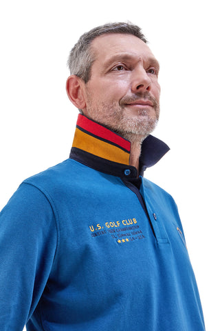 US Golf Club POLOP005 langärmeliges blaues Poloshirt mit kontrastierenden Details