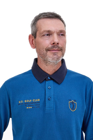 US Golf Club POLOP005 langärmeliges blaues Poloshirt mit kontrastierenden Details