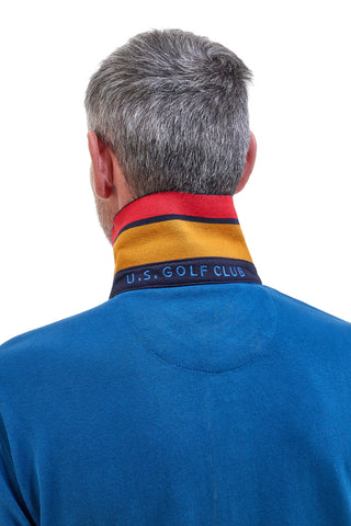 US Golf Club POLOP005 langärmeliges blaues Poloshirt mit kontrastierenden Details