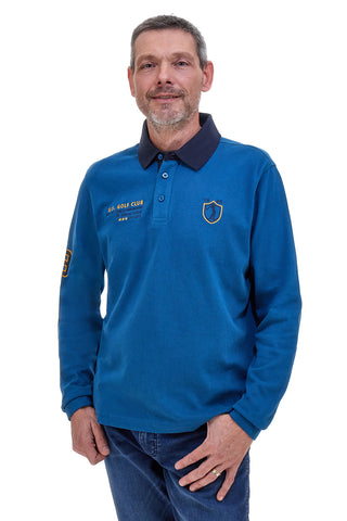 US Golf Club POLOP005 langärmeliges blaues Poloshirt mit kontrastierenden Details