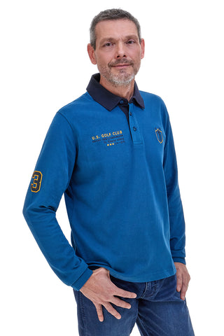 US Golf Club POLOP005 langärmeliges blaues Poloshirt mit kontrastierenden Details