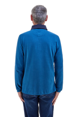 US Golf Club POLOP005 langärmeliges blaues Poloshirt mit kontrastierenden Details