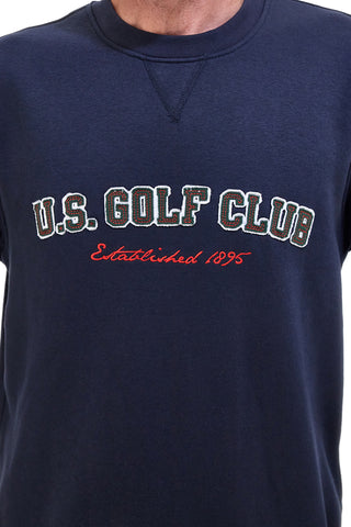 Blaues Sweatshirt mit Rundhalsausschnitt und Aufdruck „US Golf Club F106“.