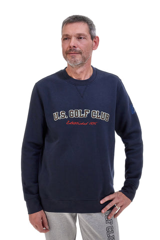 Blaues Sweatshirt mit Rundhalsausschnitt und Aufdruck „US Golf Club F106“.