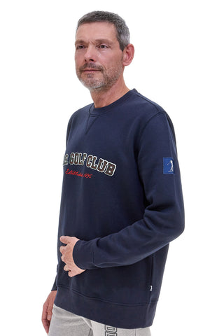 Blaues Sweatshirt mit Rundhalsausschnitt und Aufdruck „US Golf Club F106“.