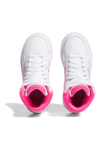 Weiße und rosa Sneaker mit Adidas Hoops 3.0 Mid K-Schnürsenkeln
