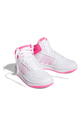 Weiße und rosa Sneaker mit Adidas Hoops 3.0 Mid K-Schnürsenkeln
