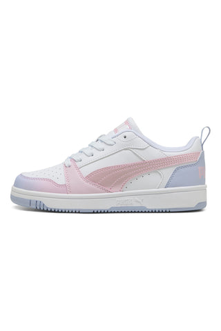 Weiße Turnschuhe mit rosa und lila Details Puma Rebound V6 Lo Blurry Dreams Jr