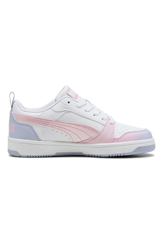 Weiße Turnschuhe mit rosa und lila Details Puma Rebound V6 Lo Blurry Dreams Jr