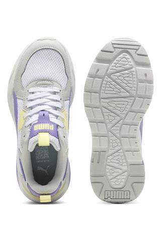 Sneakers bianche e lilla con inserti gialli in mesh e IMEVA Puma Trinity Lite Jr