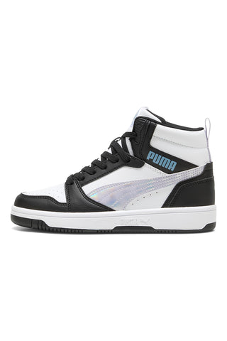 Puma Rebound V6 Mid Space Belle Jr – Schwarze und weiße High-Top-Sneaker mit schillernden Details