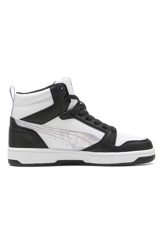 Puma Rebound V6 Mid Space Belle Jr – Schwarze und weiße High-Top-Sneaker mit schillernden Details
