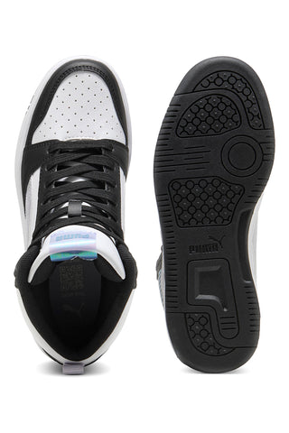 Sneakers alte bianche e nere con dettagli iridescenti Puma Rebound V6 Mid Space Belle Jr