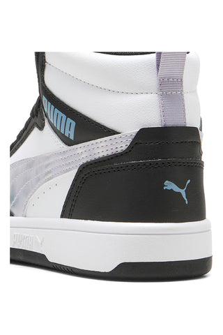 Puma Rebound V6 Mid Space Belle Jr – Schwarze und weiße High-Top-Sneaker mit schillernden Details