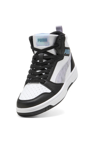 Sneakers alte bianche e nere con dettagli iridescenti Puma Rebound V6 Mid Space Belle Jr