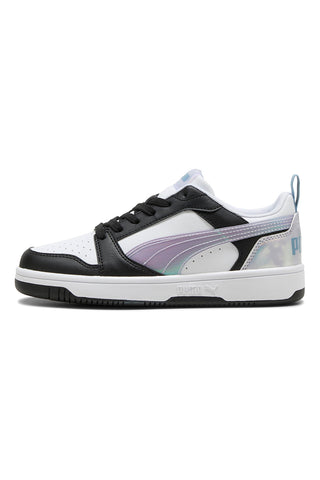 Sneakers basse bianche nere e lilla con dettagli iridescenti Puma Rebound V6 Lo Space Belle Jr