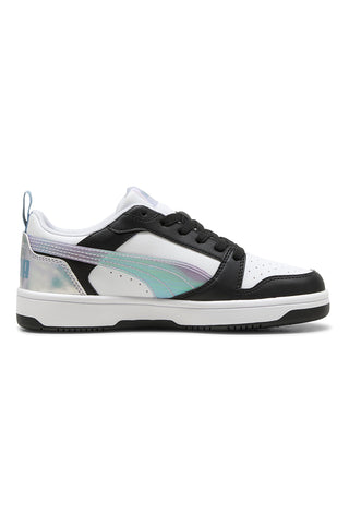 Sneakers basse bianche nere e lilla con dettagli iridescenti Puma Rebound V6 Lo Space Belle Jr