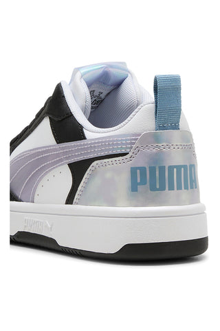 Sneakers basse bianche nere e lilla con dettagli iridescenti Puma Rebound V6 Lo Space Belle Jr