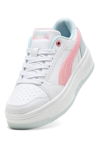 Puma Rebound Femme Space Belle Jr – Weiße Plateau-Sneaker mit rosa und blauen Details