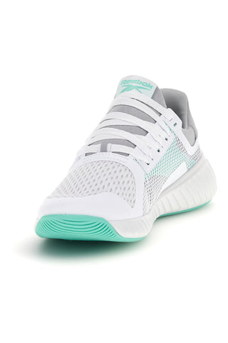 Weiße Trainingsschuhe aus atmungsaktivem Stoff mit blaugrüner Verzierung Reebok Flip Charge