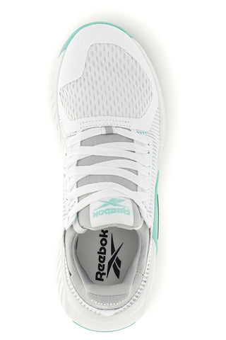 Weiße Trainingsschuhe aus atmungsaktivem Stoff mit blaugrüner Verzierung Reebok Flip Charge