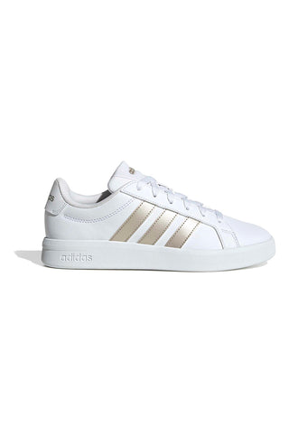 Weiße Sneakers mit goldenen Streifen aus recyceltem Kunstleder Adidas Grand Court Base 3.0