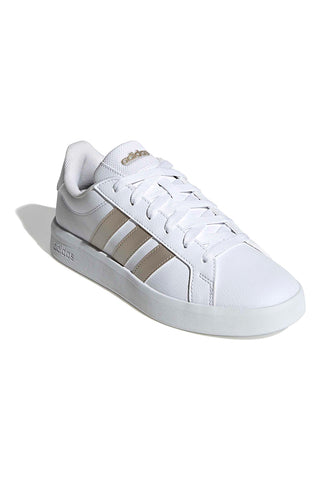 Weiße Sneakers mit goldenen Streifen aus recyceltem Kunstleder Adidas Grand Court Base 3.0