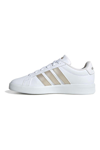 Weiße Sneakers mit goldenen Streifen aus recyceltem Kunstleder Adidas Grand Court Base 3.0