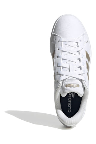 Weiße Sneakers mit goldenen Streifen aus recyceltem Kunstleder Adidas Grand Court Base 3.0