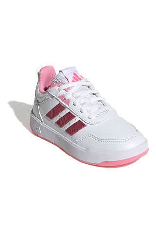Weiße Sneakers mit metallischen rosa Streifen und abriebfester Sohle Adidas Tensaur Sport 3.0 K