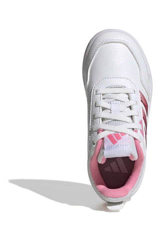 Weiße Sneakers mit metallischen rosa Streifen und abriebfester Sohle Adidas Tensaur Sport 3.0 K