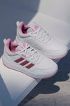 Weiße Sneakers mit metallischen rosa Streifen und abriebfester Sohle Adidas Tensaur Sport 3.0 K