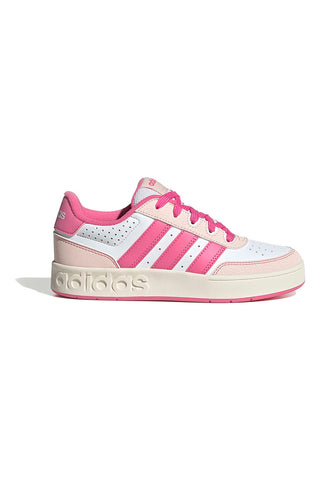 Weiße Sneakers mit pinkfarbenen Streifen und Plateausohle Adidas Breakbase J