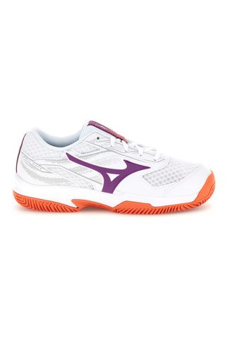 Weiße Tennisschuhe mit violetten und orangefarbenen Details: Mizuno Break Shot 5 CC